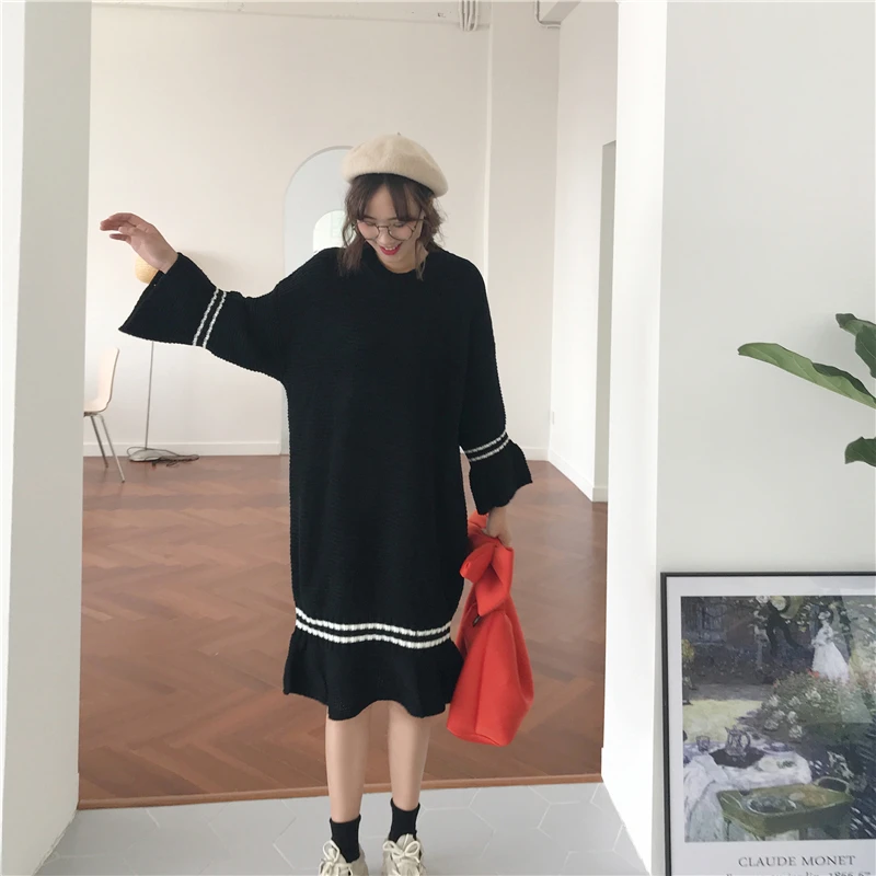 KINOMI Autumn Winter Long Dresses Warm Women Sweater Dress Knitting Loose Sleeve O-Neck Mermaid 2019 New | Женская одежда