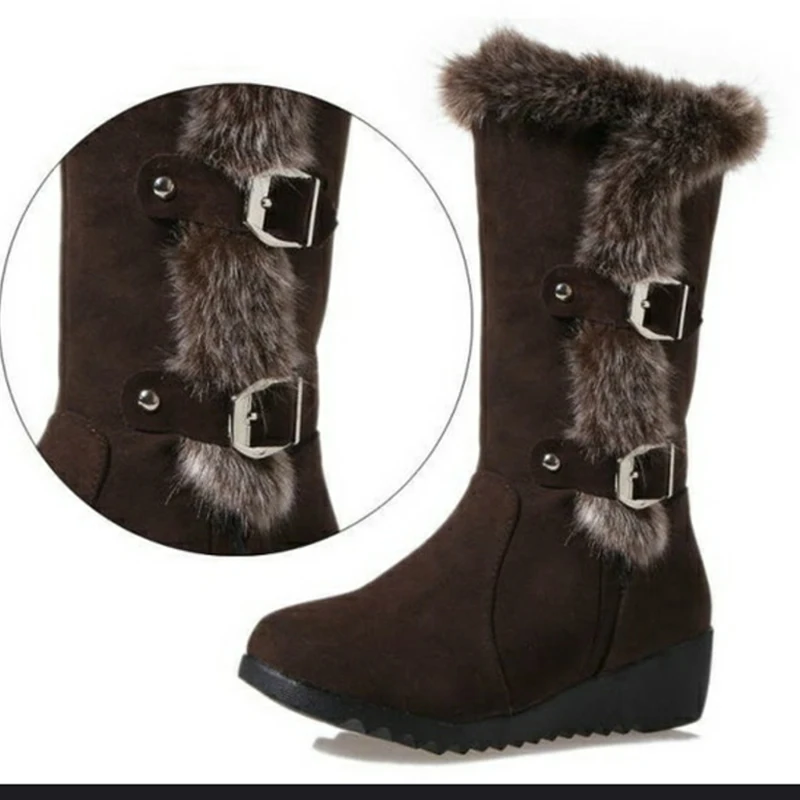 

New Winter Women Boots Casual Warm Fur Mid-Calf Boots shoes Women Slip-On Round Toe wedges Snow Boots shoes Muje Plus size 42