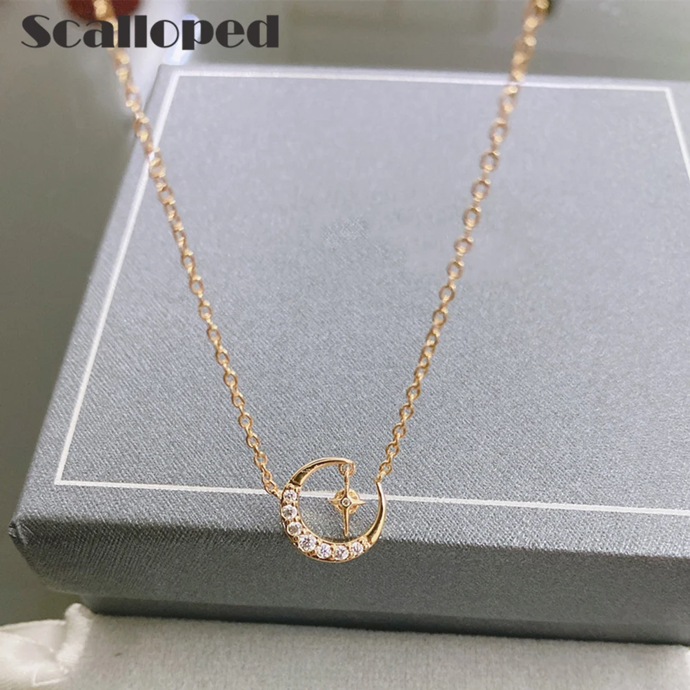 

SCALLOPED Sparkling Crystal Moon Necklaces Star Pendants Women 2021 New Korean Fashion Rose Gold Chains Jewelry Designer Choker
