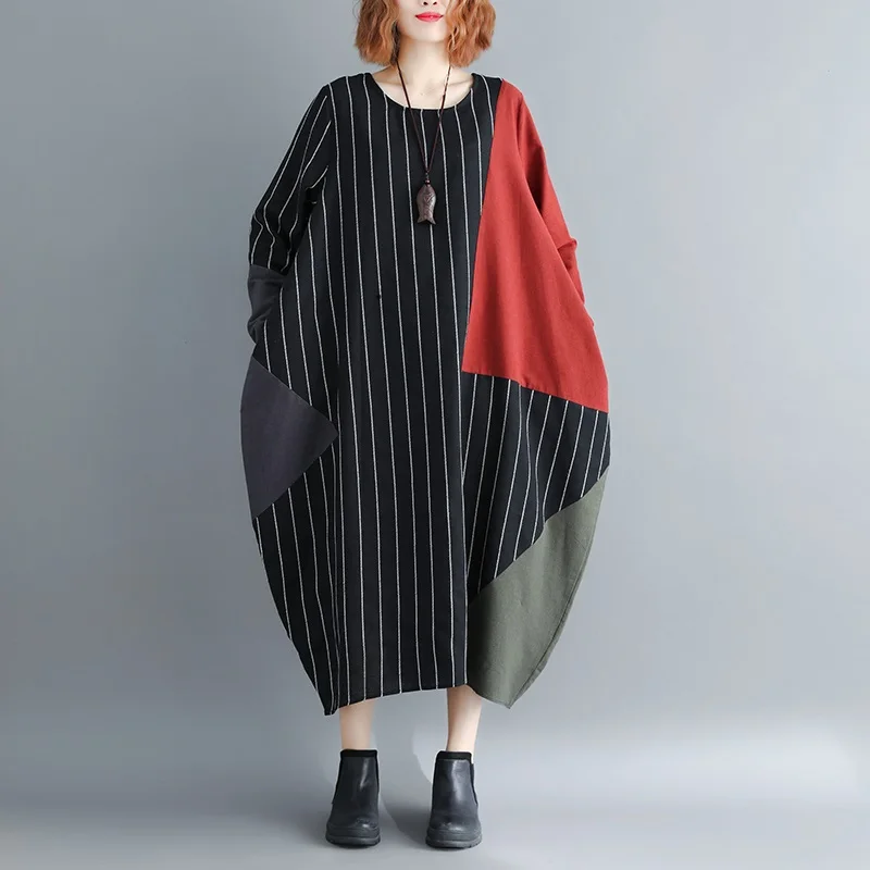 Женское винтажное платье в полоску размера плюс с длинным рукавом из хлопка и