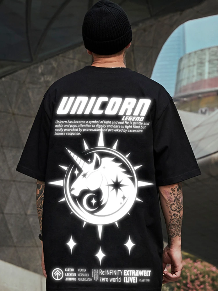 

Oversize Unicorn Hiphop Short-sleeved T-shirt Men's Trendy Reflective Printing Plus Size Trend Couple Outfit