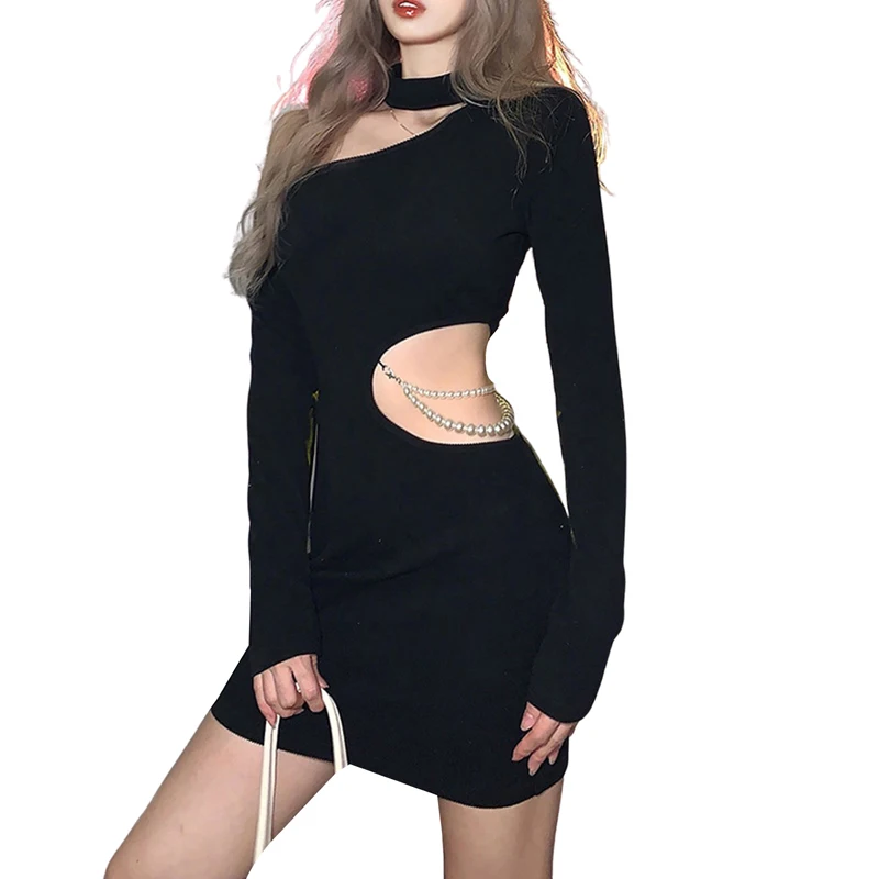 

Kayotuas Women Pencil Dress One Shoulder Halter Black Bodycon Bag Hip Slim New Fashion Office Lady Elegant Pearl Chain Clubwear