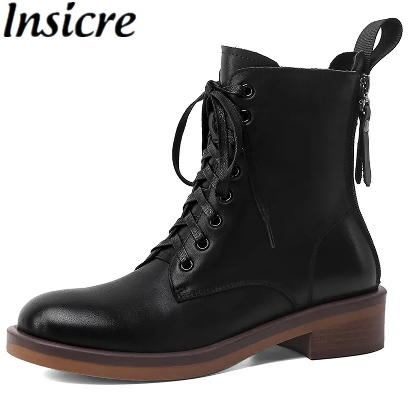 

Женские ботильоны из натуральной кожи Insicre, на шнуровке и низком каблуке, на молнии, зимняя модная обувь на платформе с круглым носком, разме...