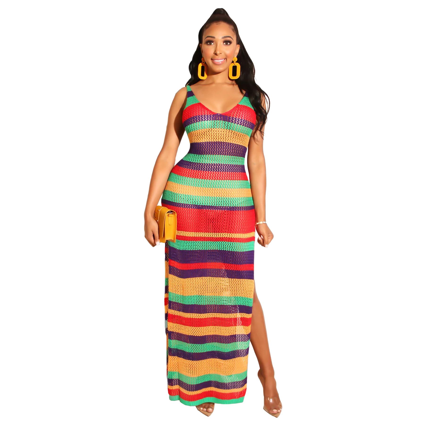 Женское летнее длинное платье-макси сексуальное Полосатое пляжное богемное