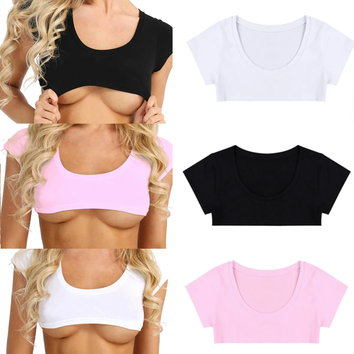 

Summer Sexy Tank Women Short Sleeve Solid Black White Crop Tops Shirts Party Club Casual Tee Tops