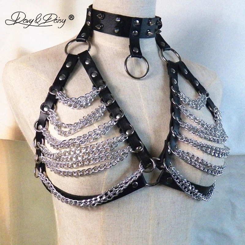 DAVYDAISY женские сексуальные кожаные панк-бра чокер металлическая цепочка открытый Бюст Топы с ремешками пояс-бандаж женский ночной клуб сексуальное белье BR512