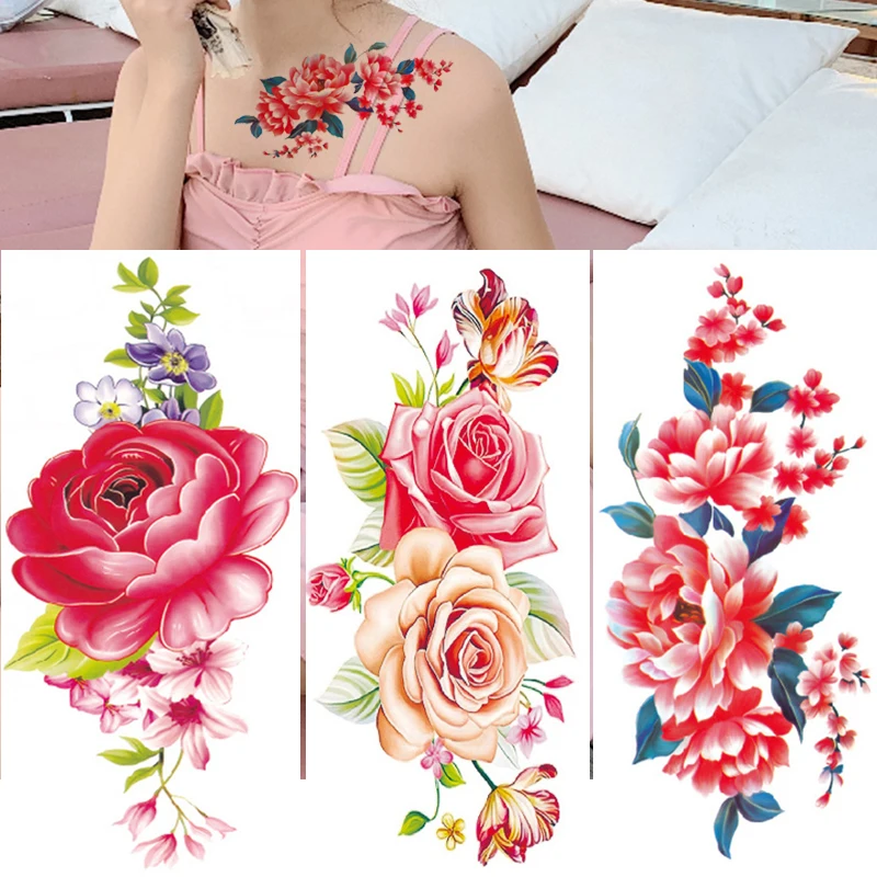

3Pcs Fake Temporary Tattoos Flower Girls Rose Peony Flash Waterproof 3D Body Art Arm Shoulder DIY Sleeve Women Sticker