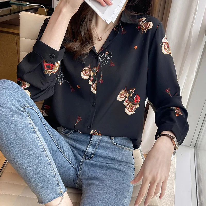 2021  New Large Size European American Print Floral Women Casual Shirts Long Sleeve Fashion Chiffon Girl  Top Clothes B045