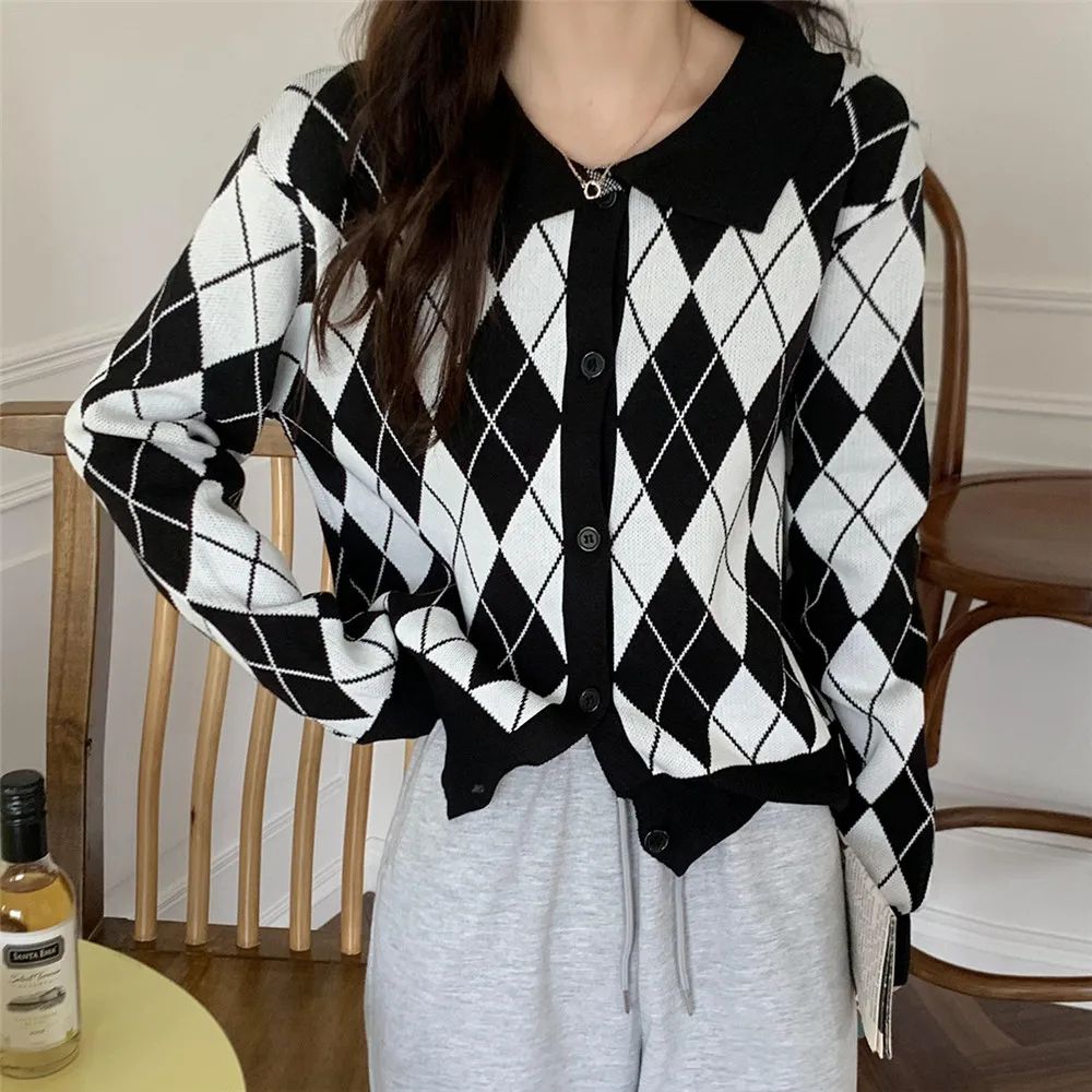 

5 Colors Women Knitted Sweaters Cardigan Loose Plaid Rhomboid Print Turn-Down Collar Long Sleeve Crop Top Jumpers Autumn Winter