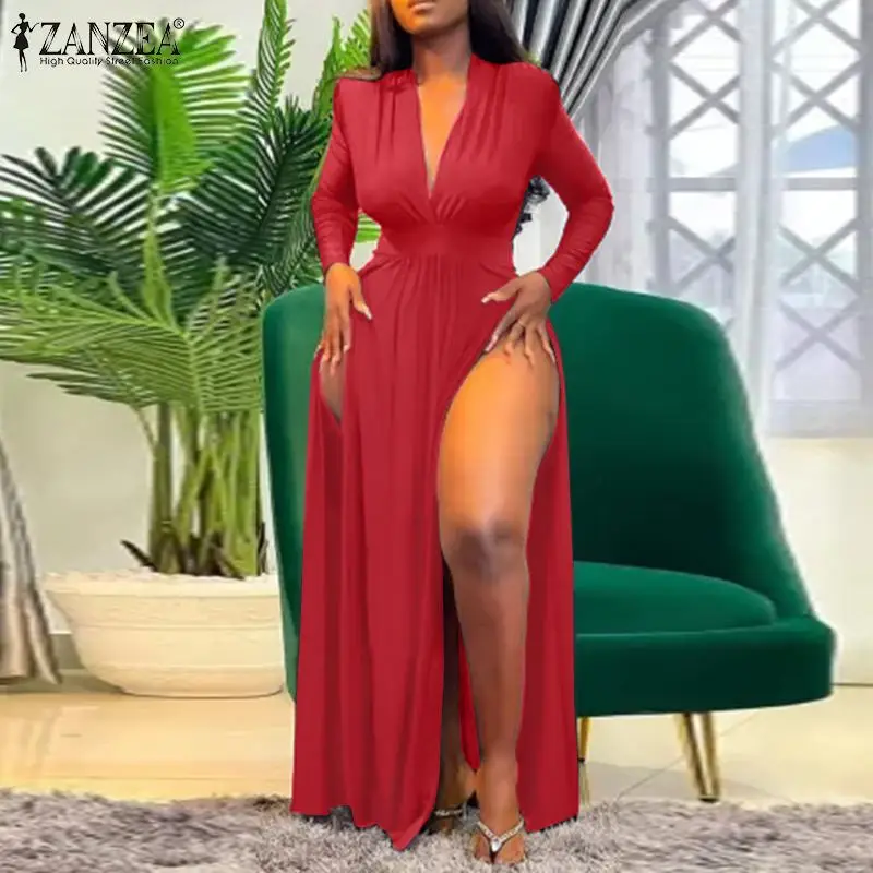 

ZANZEA Women Sexy V Neck Long Sleeve Party Club Dress Bohemian Sundress Casual Holiday Split Vestidos Kaftan Robe Femme Oversize