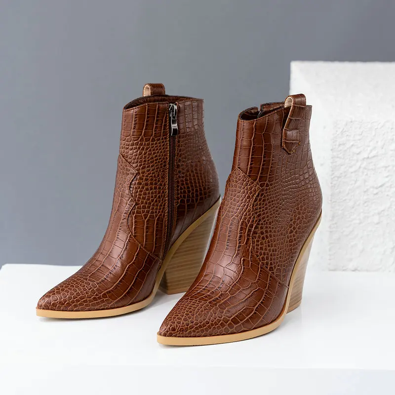 

Fashion Ankle Boots Women Faux Leather Wedges High Heels Western Boots Pointed Toe Zipper Autumn Winter Short Boots Woman Shoes