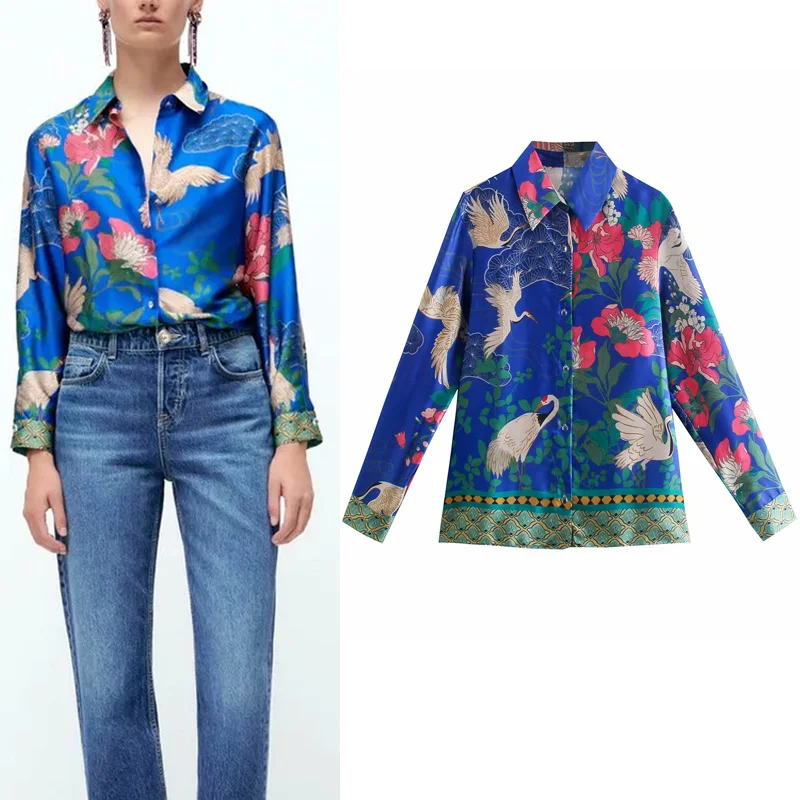 

Женская Офисная рубашка с принтом Za, повседневная голубая винтажная Блузка с V-образным вырезом, длинным рукавом и отворотом, на пуговицах, о...