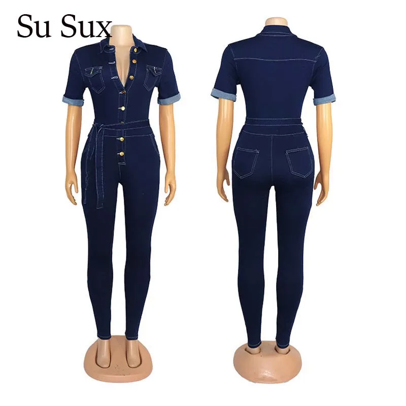 Женский джинсовый комбинезон повседневный Облегающий из денима с отложным