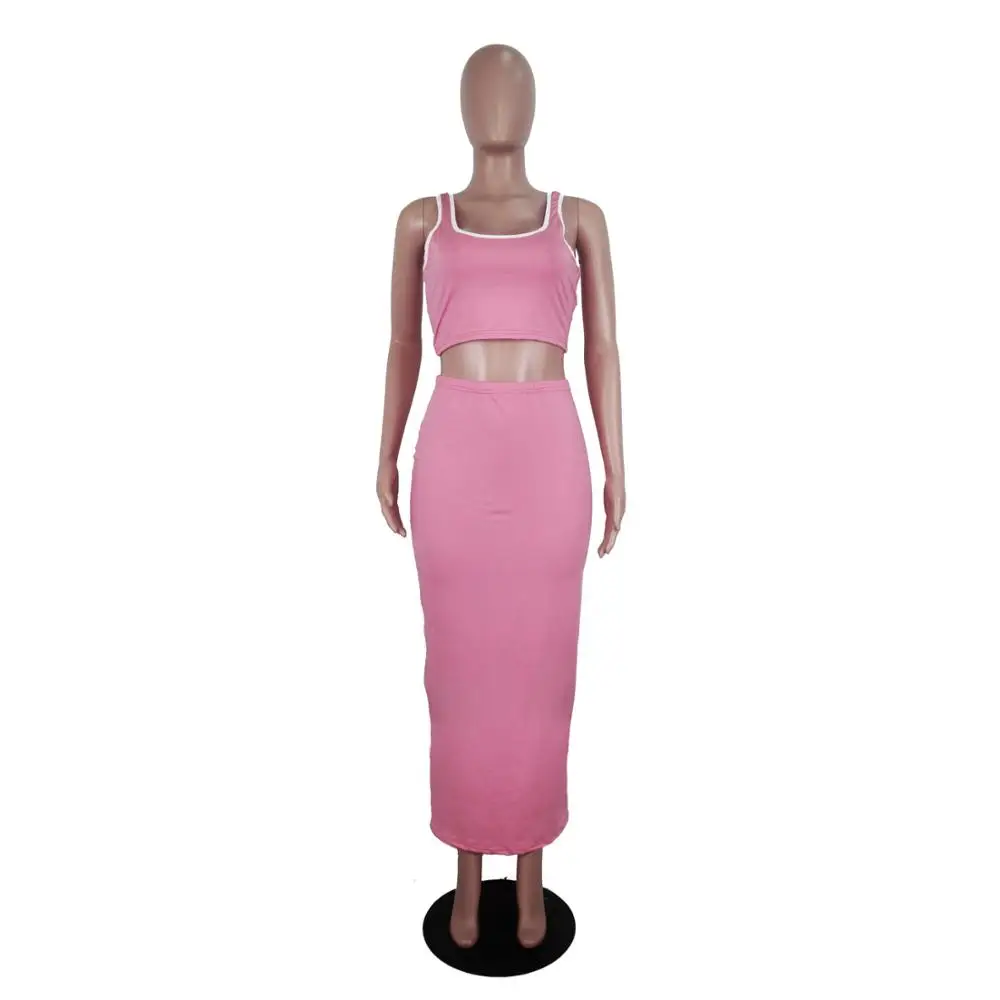 

2020 new fashion solid color tight casual two-piece slim u-neck sleeveless camisole and long skirt women's suit