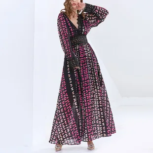 

Spring 2021 New Fashion Sexy Backless Lantern Sleeve High Waist Lace Printing Slimming Long Dress 28005