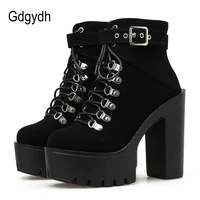 gdgydh lace up women boots platform buckle boot winter shoes thick heel autmn boots with zipper ankle strap black suede gothic