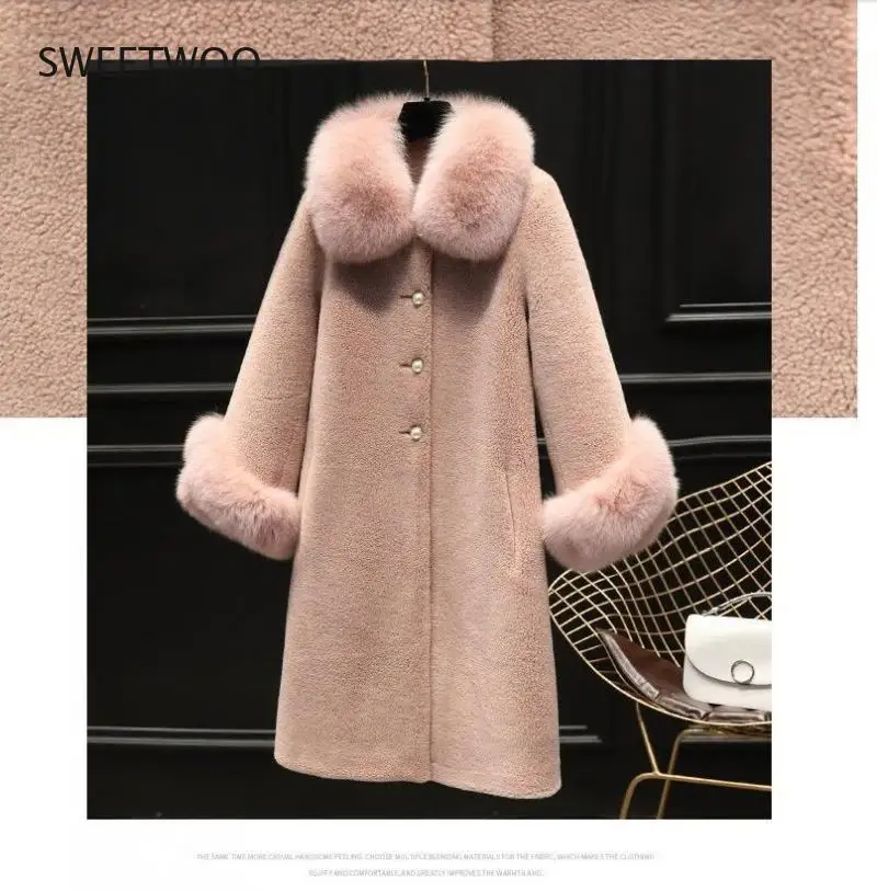 2021 Fall/winter New Style Lamb Fur Coat Women Mid-Length Fox Fur Collar Granular Fleece Imitation Fur Coat