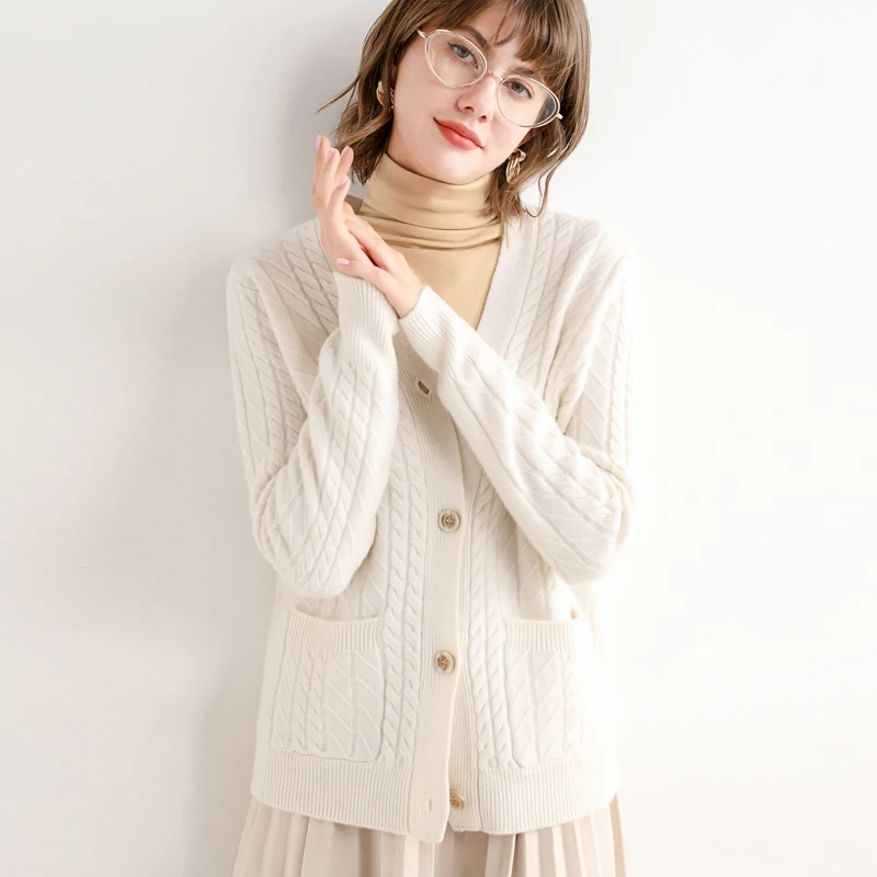 

Cardigan female striped solid jumper knitted natural wool full sleeves vigorous ladies knitwear