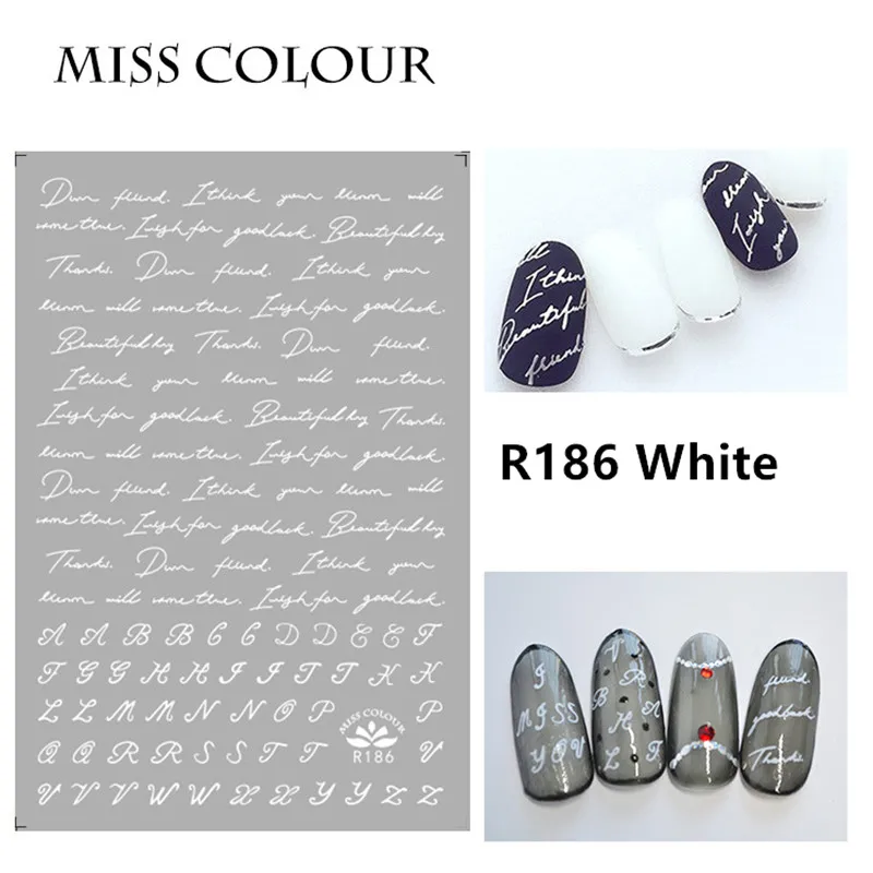 1 лист ногтей Стикеры клей ручной записи английские слова буквы серебристо белый