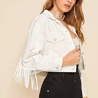 tassel short jackets cowgirl 2022 pure white lapel single breasted jeans jacket casual solid long sleeve trendy denim coat women