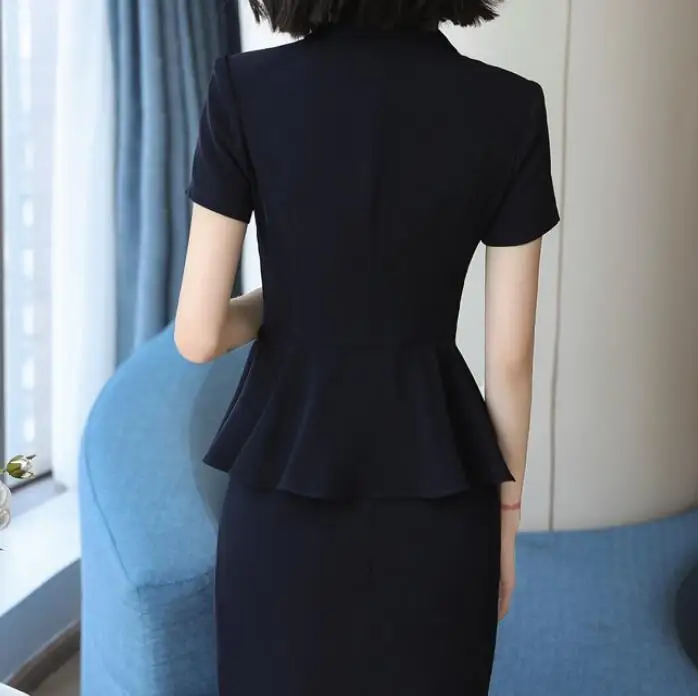 

Suit Office Ladies Wear Work Formal Business Fashion Design Ruffle Short Sleeve Blazer Pencil Dress Women Female Plus Size