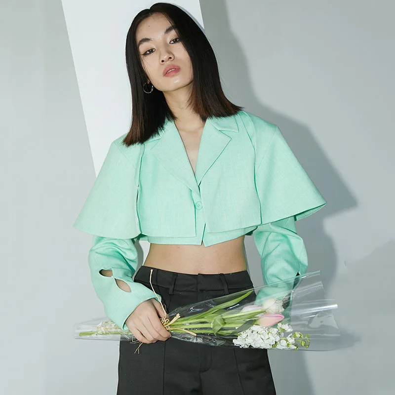 

SeeBeautiful Stitching Loose Jacket Coat Lapel Hollow Long Sleeve One Button Fake Two Pieces New Fashion 2021 Spring Women E076