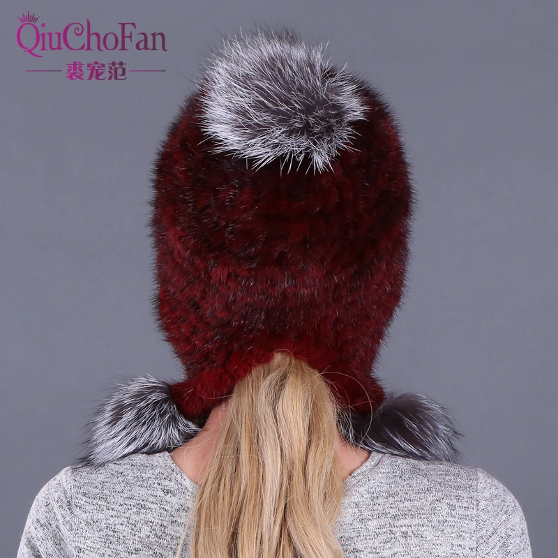 Серебристая помпон из лисьего меха шапка для женщин зимняя женская меховые