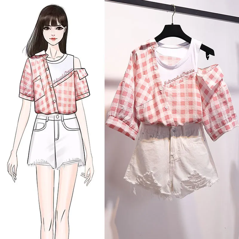 Комплект из двух предметов Женский Летний милый корейский топ на одно плечо и