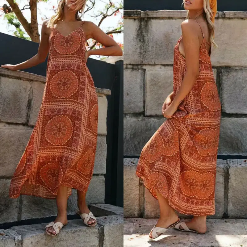 

Summer Sleeveless Printed Dress Boho Sundress Spaghetti Strap V-Neck Casual Beach Style Dresses