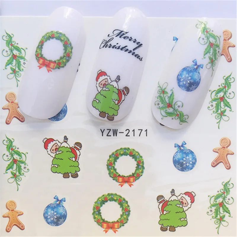 Рождественские Водные Наклейки Санта Клаус Снеговик Полный Обертывания дизайн водной передачи ползунки для дизайна ногтей Декор татуировки Рождественский подарок - Цвет: YZW-2171