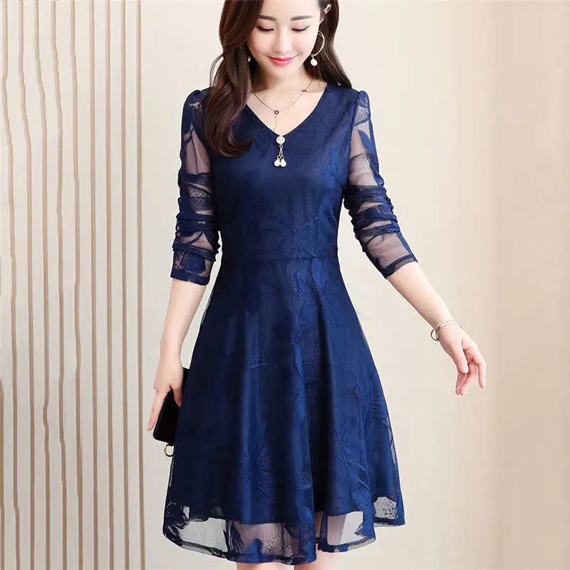 LongDarkblue Летнее женское кружевное мини-платье с длинным рукавом синего и розового цвета, большие размеры 5XL, новинка, богемное элегантное сексуальное Клубное платье с высокой талией, vestidos - Цвет: LongDarkblue