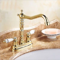 gold color brass 4 centerset bathroom two holes basin faucet sink mixer tap swivel spout double ceramic levers mnf428