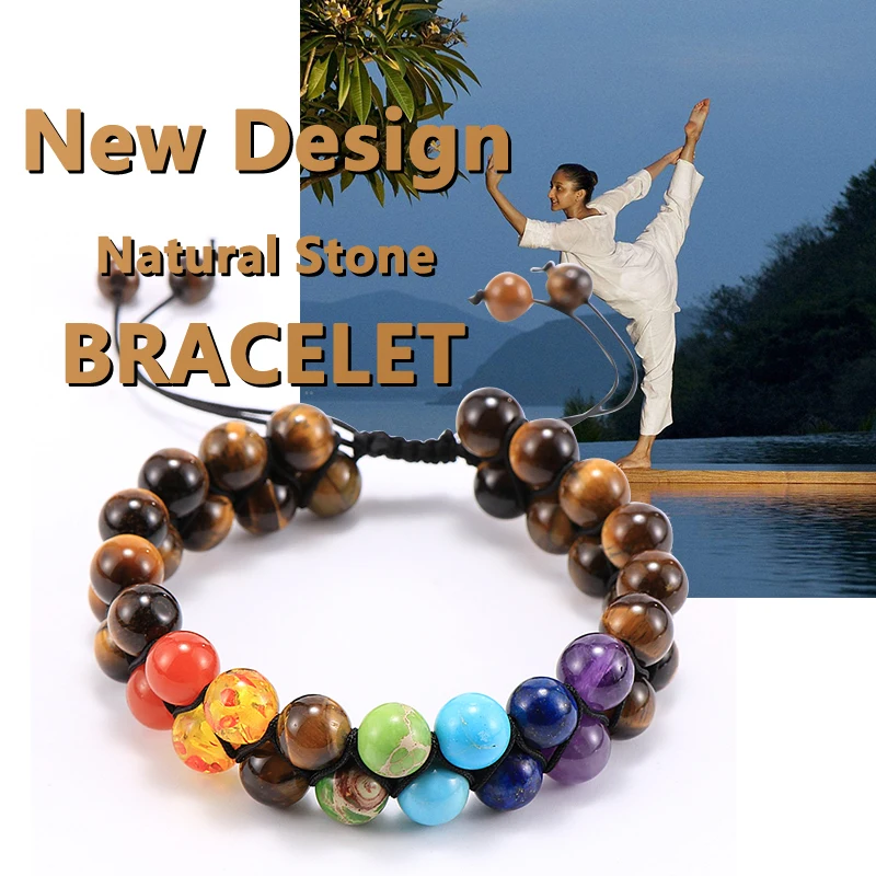 

7 Chakra Adjustable 8mm Natural Stone Bracelet Double Woven Rope Chain Yoga Healing Balance Bracelet for Men Women Jewelry Gifts