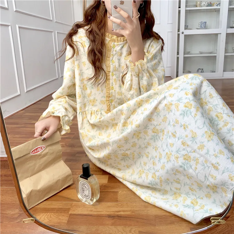 

Print Flower Female Cotton Nightdress Sleep Dress Ruffles Puff Sleeves Nightgown Sleepwear Long Intimate Lingerie Home Clothes