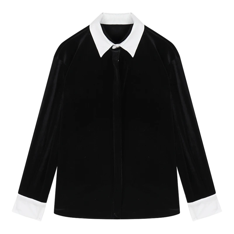 

Vintage Velvet Shirts Women Autumn Long Sleeve Lapel Ladies Tops Loose Female Blouse Without Waist Chain Githic Shirt Black