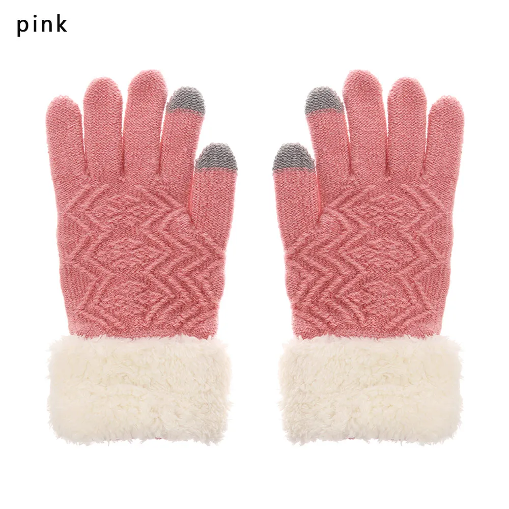 pink 1 пара сенсорный экран для женщин зимние вязаные перчатки утепленные бархатные теплые варежки мягкие удобные эластичные перчатки - Цвет: pink