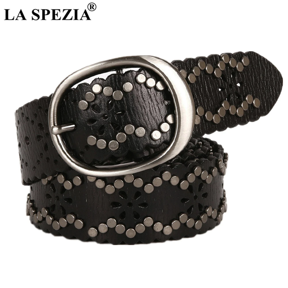 LA SPEZIA Rivet Belt Punk Real Leather Women Belt High Quality Buckle Black Coffee Hip Hop Ladies Rock Waist Belts 110cm 115cm