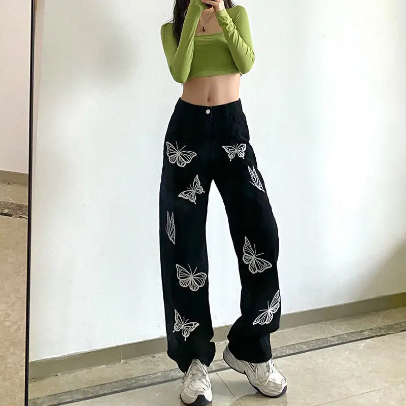 

Y2K Butterfly Print Black Women Jeans Pants Vintage Streetwear Oversize Low Waist Wide Leg Trousers Loose E Girl Cowboy