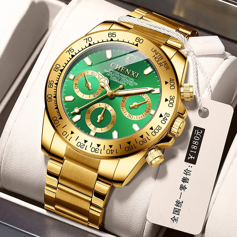 

reloj hombre New CHENXI Men's Watch Gold Stainless Steel Business Watch Men Big Dial Luminous Casual Quartz Clock Male Watches