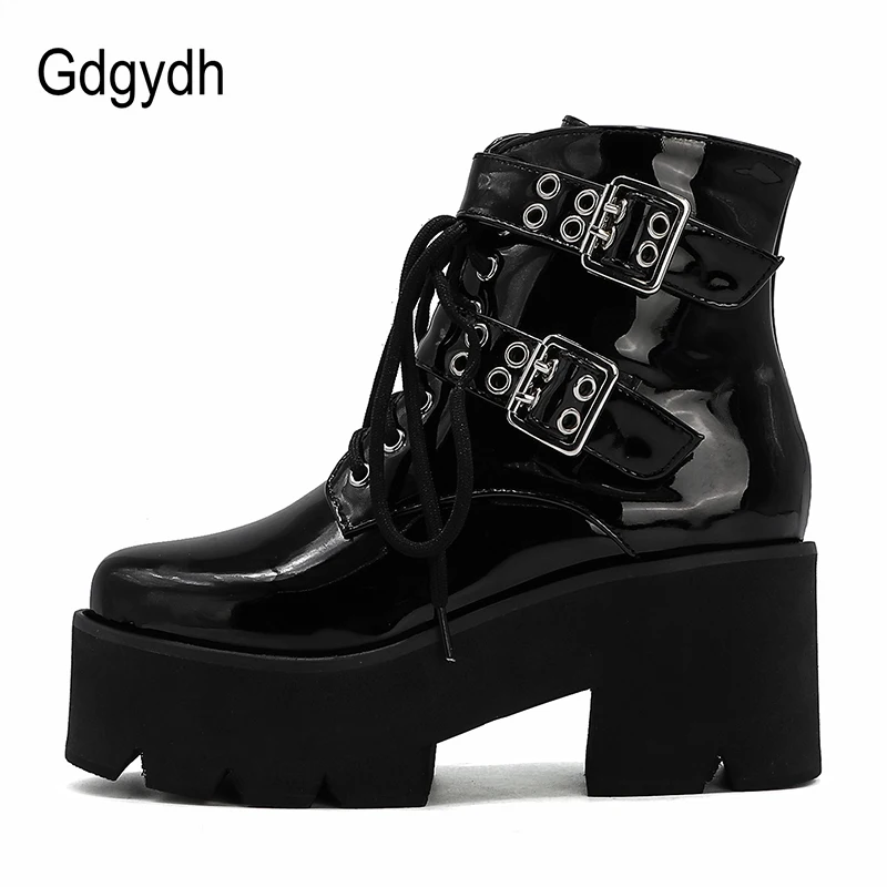 Gdgydh Sexy Buckle Punk Style Platform Women Ankle Boots High Heel Patent Leather Autumn Winter Shoes For Party Comfortable Shoe | Обувь