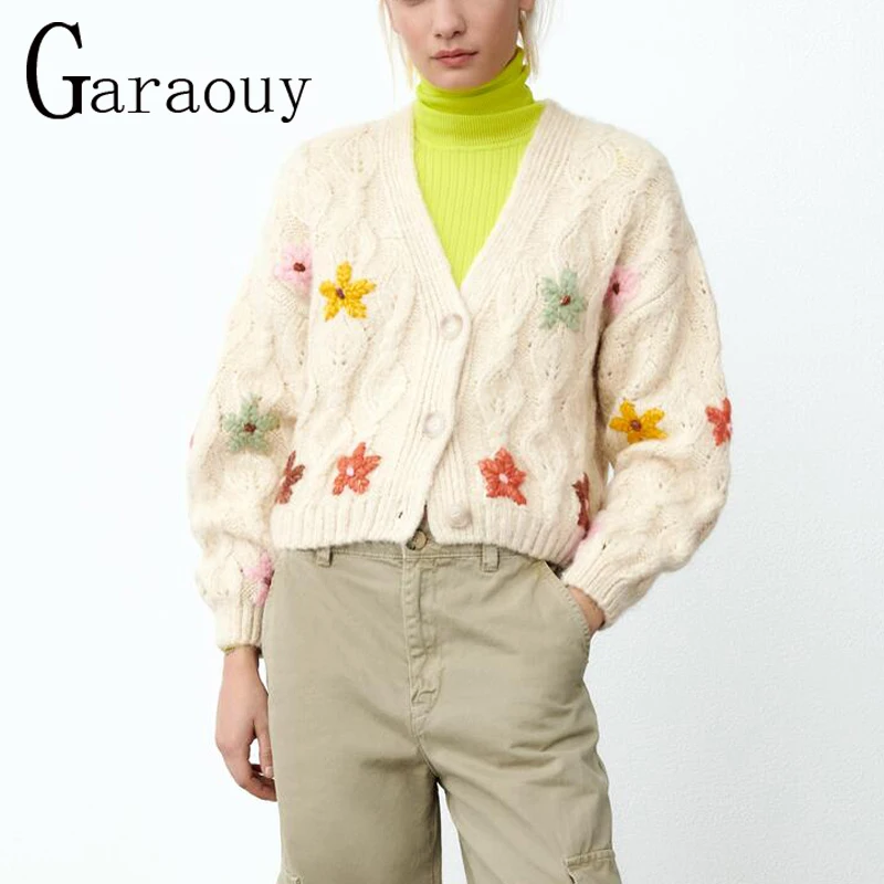 

Garaouy 2022 SS английский женский свитер кардиганы 3D Цветочная вышивка Модные Винтажные вязаные топы с длинным рукавом Повседневная Уличная оде...