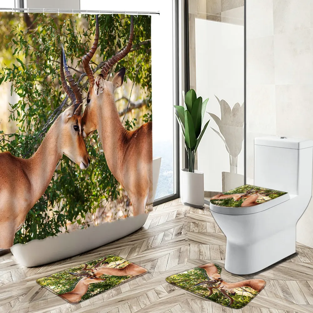 Online Forest Sika Deer Landscape Set Di Tende Per Doccia Scenario Naturale Animali Selvatici Bagno Impermeabile Tappeto Antiscivolo Copriwater Tappetino Da Bagno