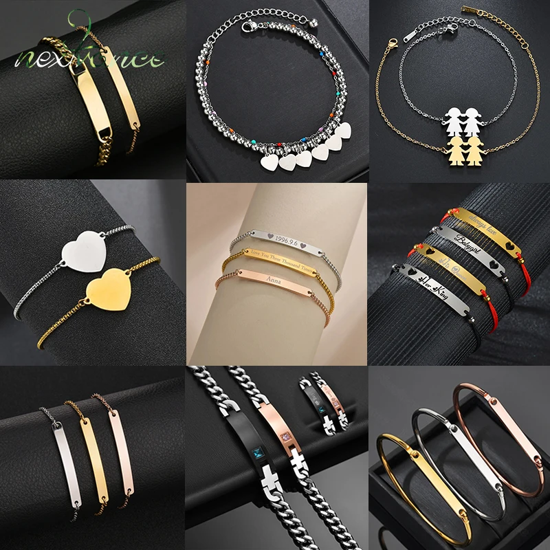 Nextvance Customized Engraving Nameplate Couple Bracelets on hand Stainless Steel Chain Bracelet For Women Lovers Jewelry Day