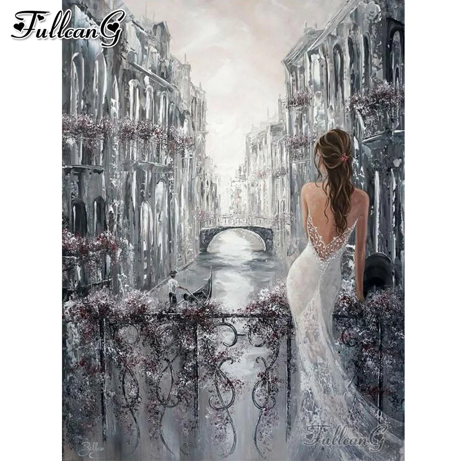 

Картина из страз FULLCANG «Девушка с городом на воде», 5d, квадратная круглая вышивка, наборы для вышивки, Украшение стен, FG0021