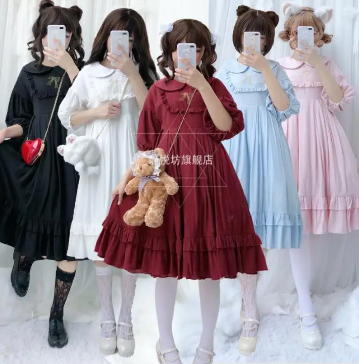 

Japanese sweet lolita dress vintage peter pan collar puff sleeve high waist embroidery victorian dress kawaii girl loli cosplay