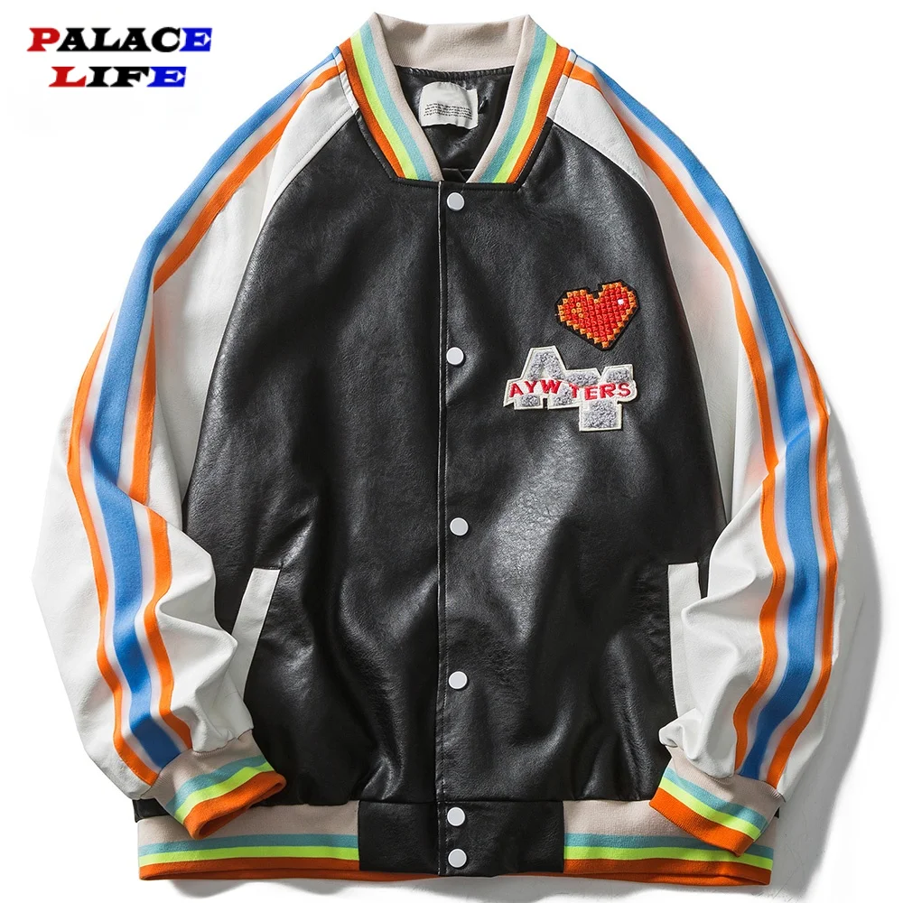 

Bomber Jacket Men Colorful Striped Patchwork Heart Patch Embroidery Hip Hop College Style Baseball Coats Autumn Streetwear