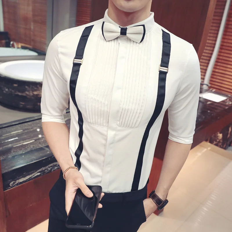 Рубашка мужская Плиссированная приталенная с бабочкой Черная/белая для