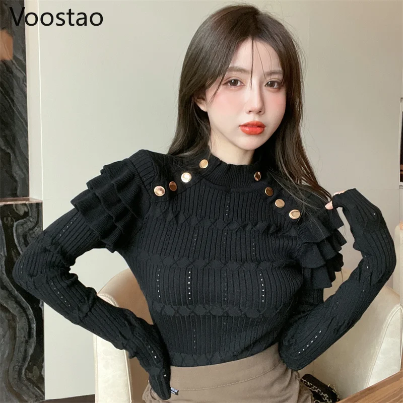 Свитер женский трикотажный с оборками и длинным рукавом весна-осень | Женская