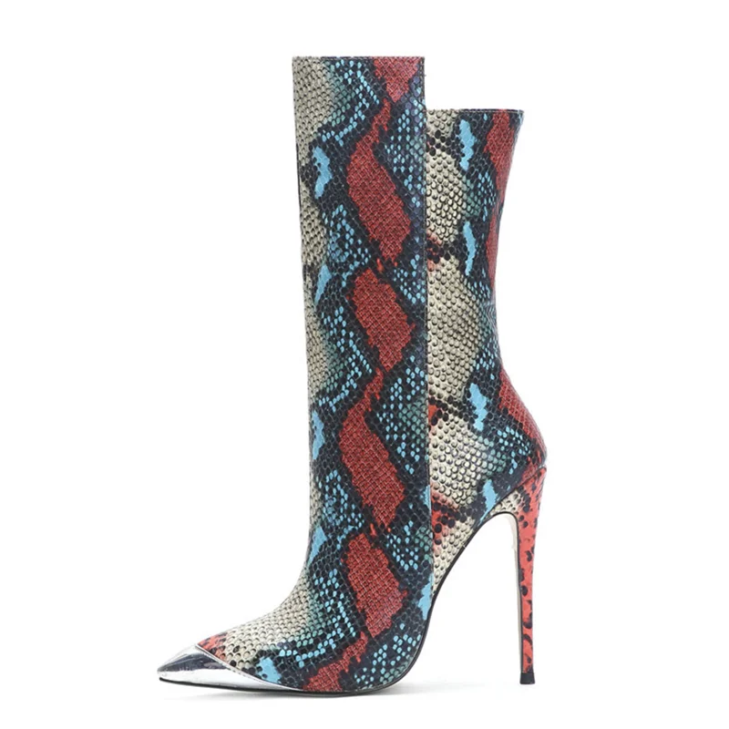 

Женские Сапоги до середины икры, ботинки на высоком тонком каблуке с острым носком и принтом змеиной кожи, Сапоги с застежкой-молнией, 2021