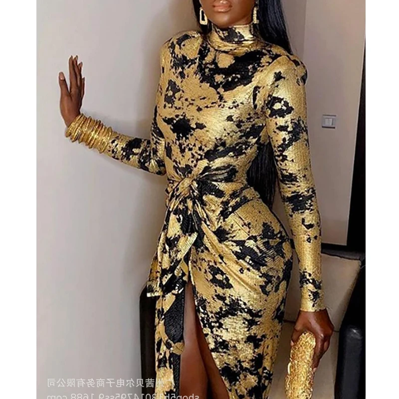 

Черное облегающее платье Mandylandy с принтом, женское платье с длинным рукавом и высоким воротником, официальное платье с золотым ремешком и ра...